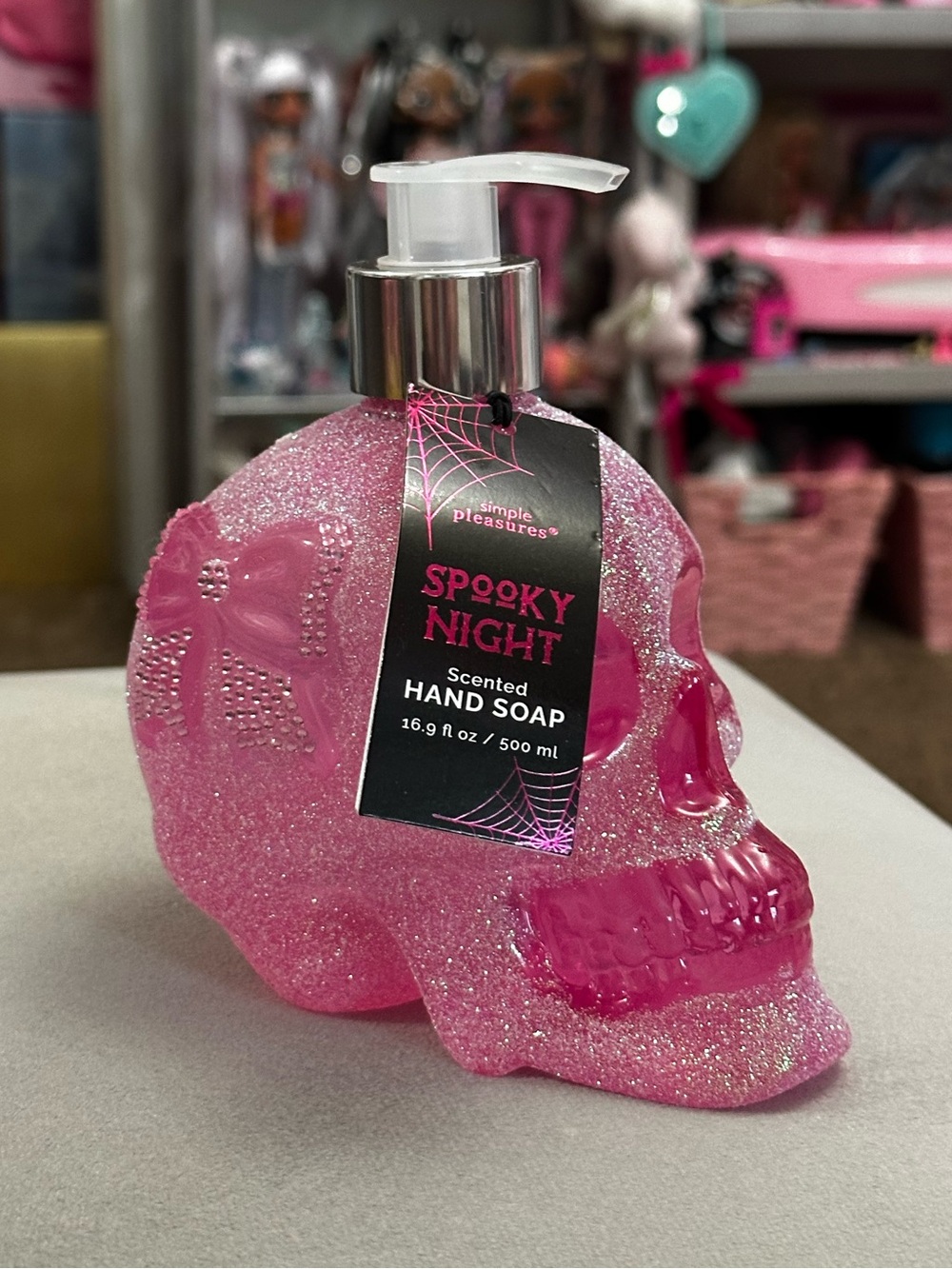 Pink Glitter Skull w/ Rhinestone Bow Scented Hand Soap